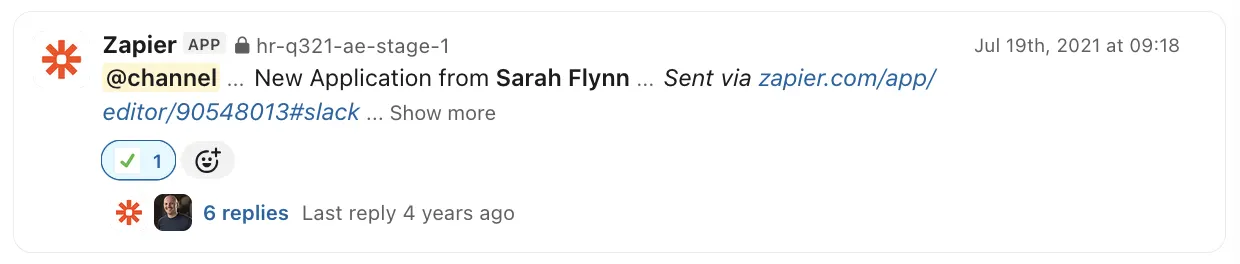 Slack notification of Sarah Flynn’s original job application at Sitemate