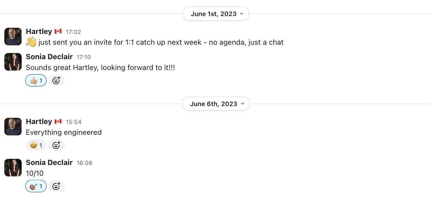 Slack exchange where Hartley messages ‘Everything engineered’ and gets a 10/10 back