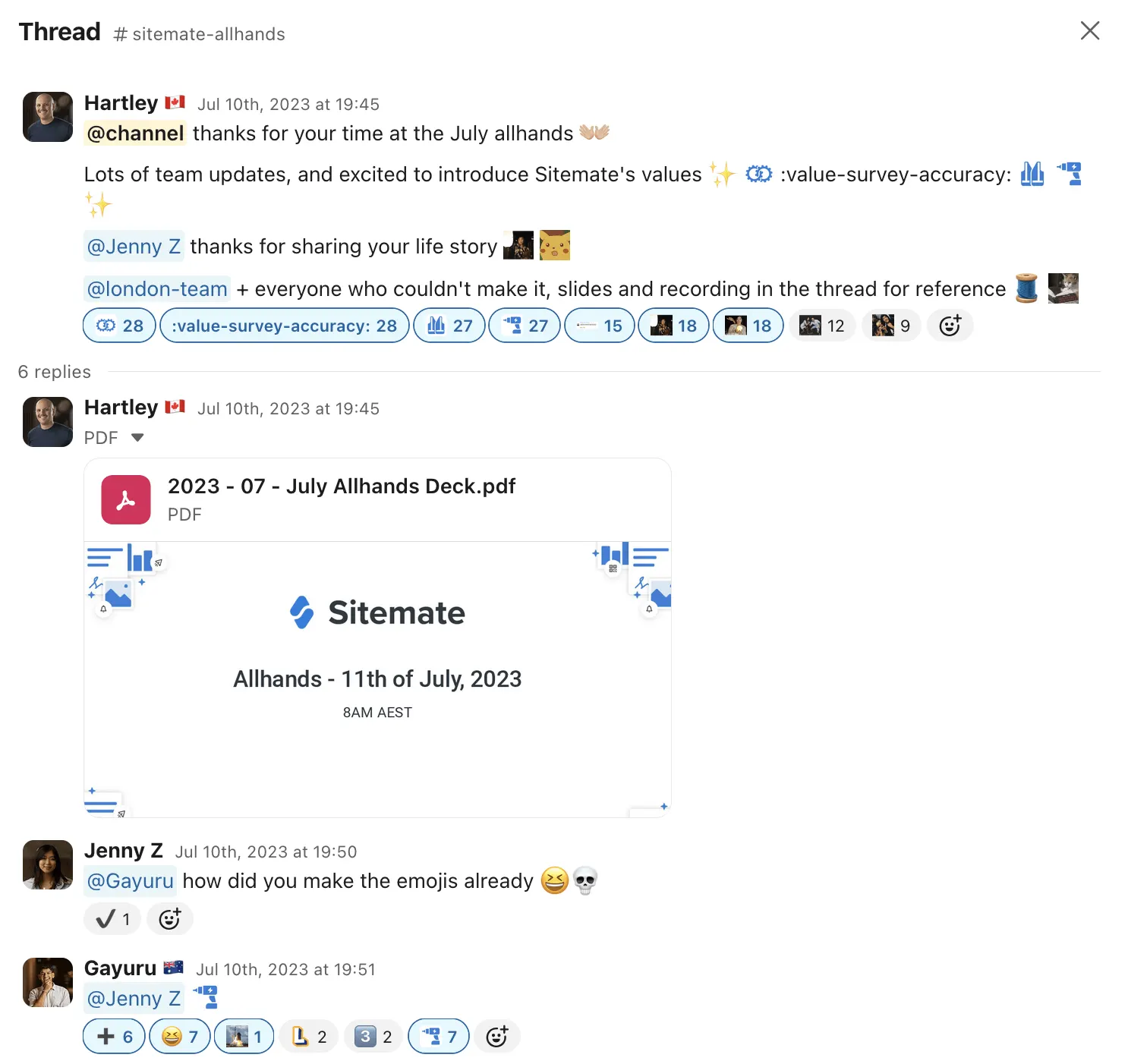 Slack thread introducing Sitemate’s values at the July all-hands, with the deck attached