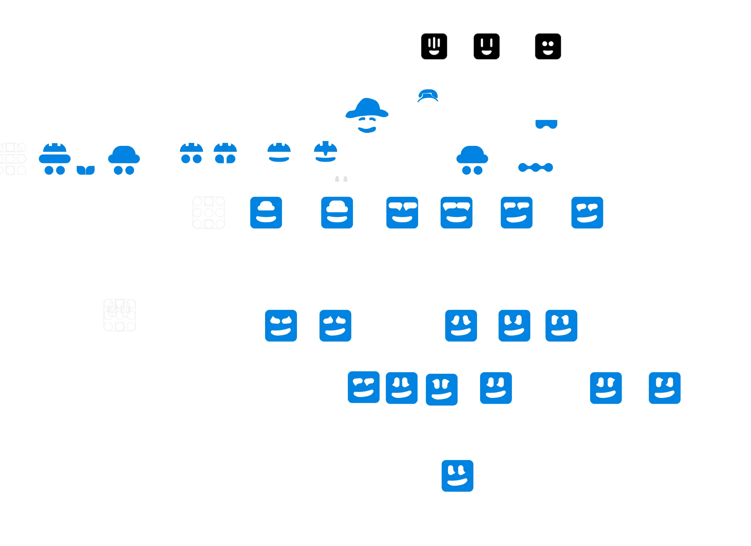 Grid of early Agent Sam avatar concepts: simple blue rounded-square faces with eyes and a smile, several wearing a hard hat or cap