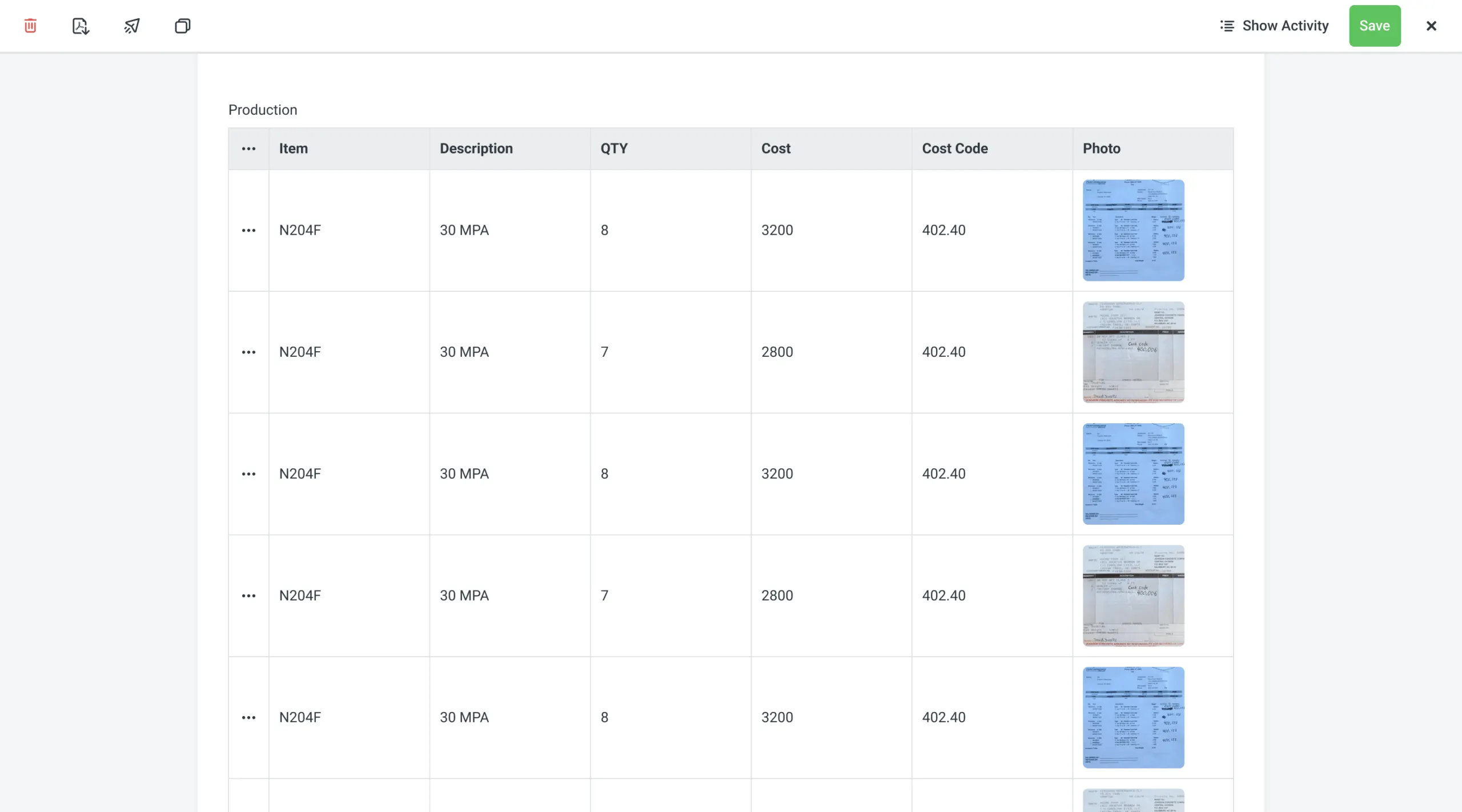 Dashpivot production register with item, description, quantity, cost and photo columns