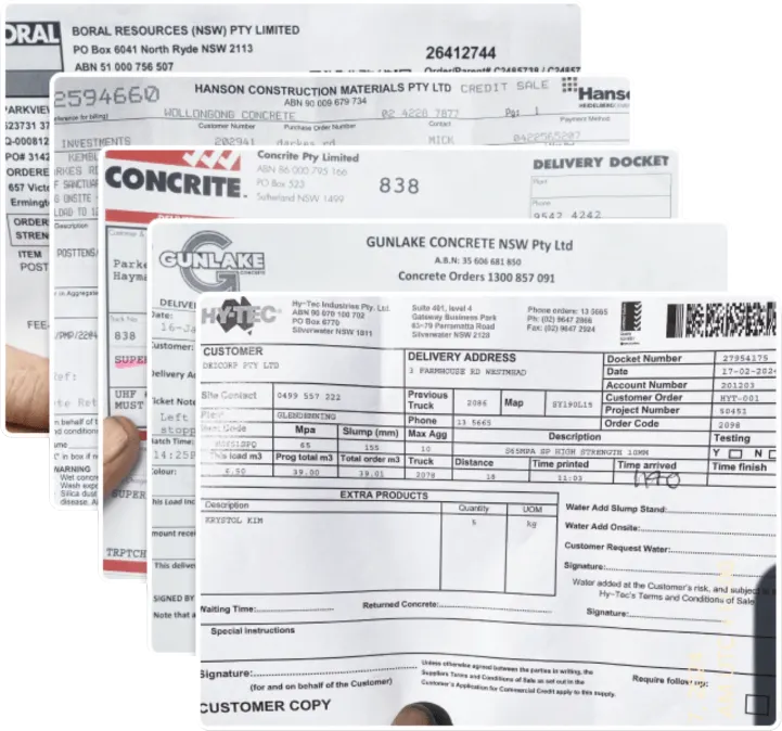 Stack of paper delivery dockets and concrete supply forms from the built world