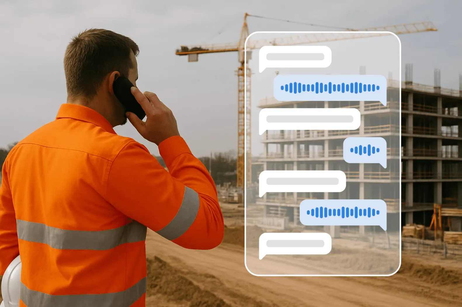 Worker taking a phone call on site, with the conversation captured as voice messages