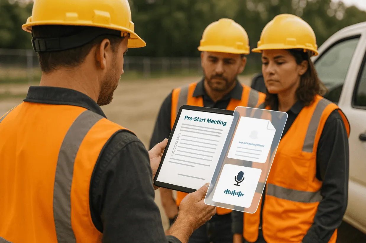 Crew running a pre-start meeting around a tablet with voice capture