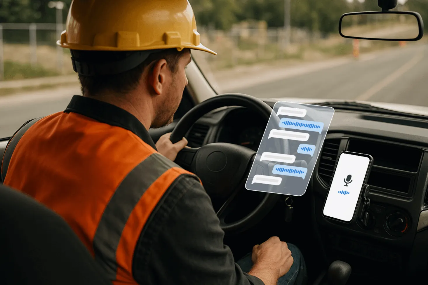 Worker in a vehicle capturing a record by voice on a phone
