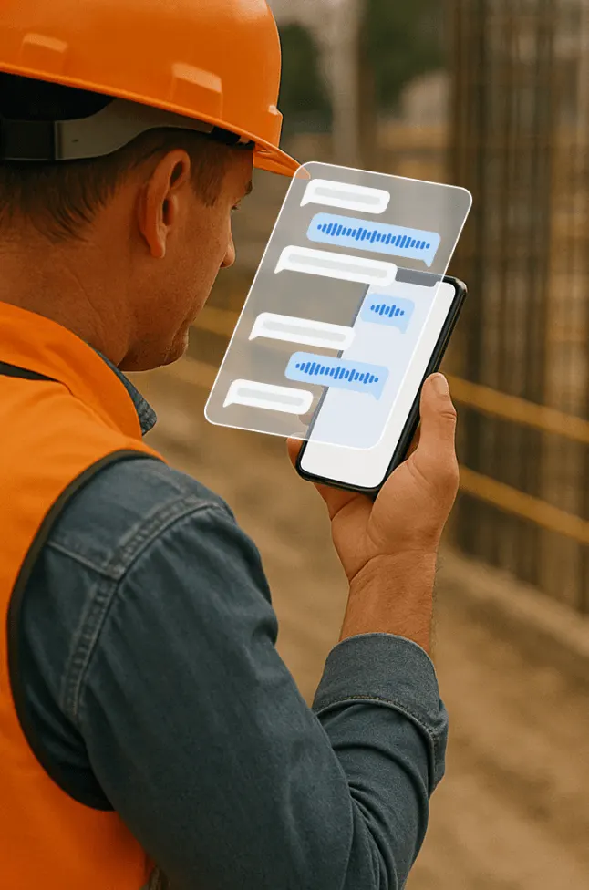 Worker on site dictating voice notes into a phone