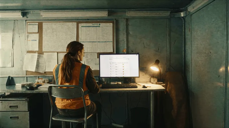 Management and engineers reviewing work on a laptop