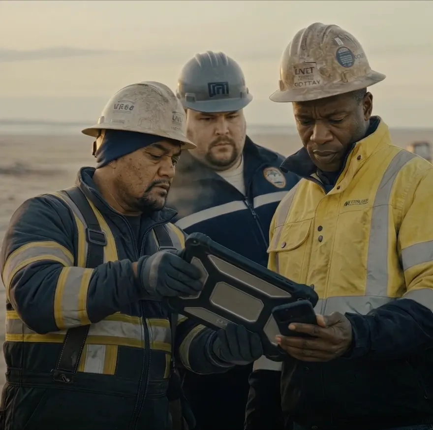 Three workers on site looking at a phone together
