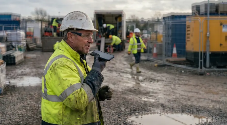 A foreman on site holding a tablet