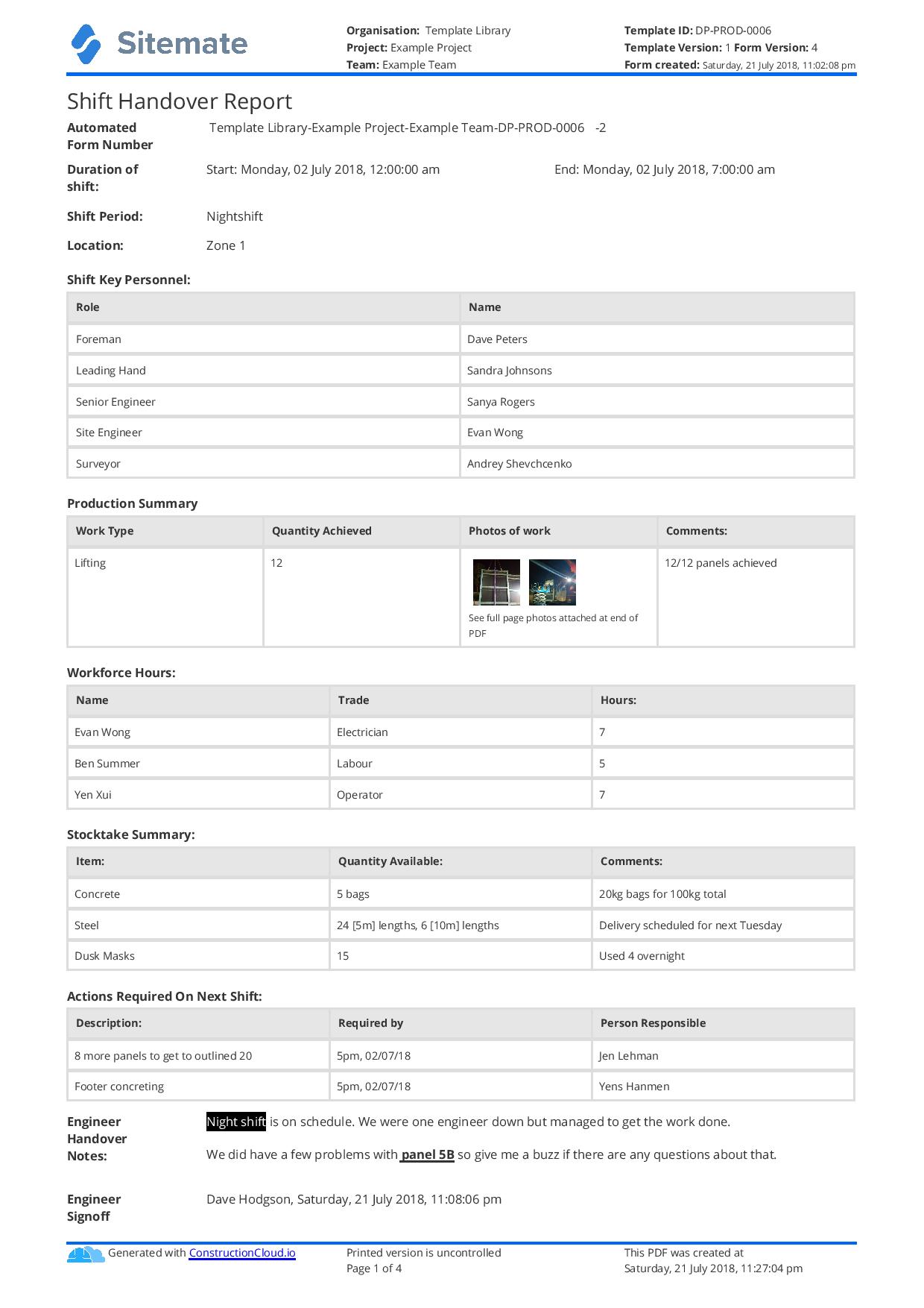 Free Construction Shift Handover template Download print and email