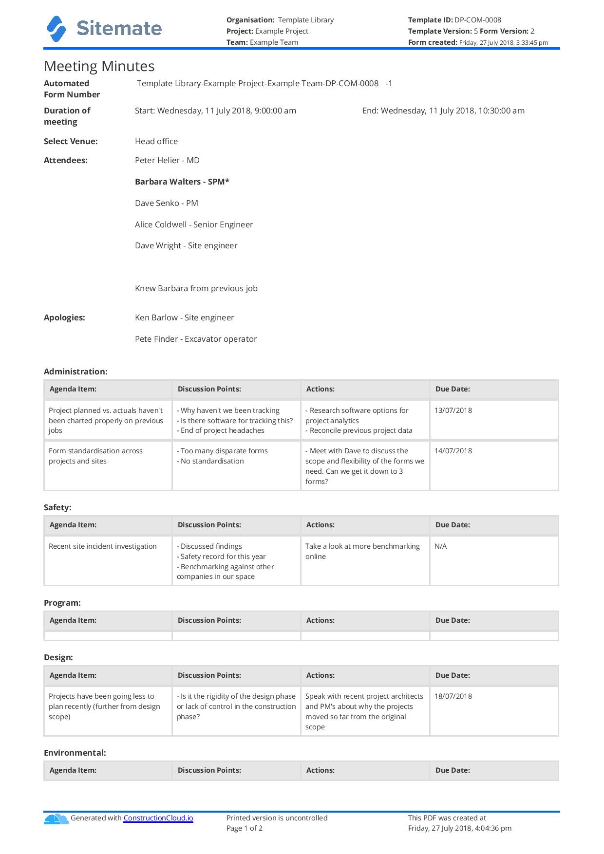 Free Construction Meeting Minutes Template Better Than