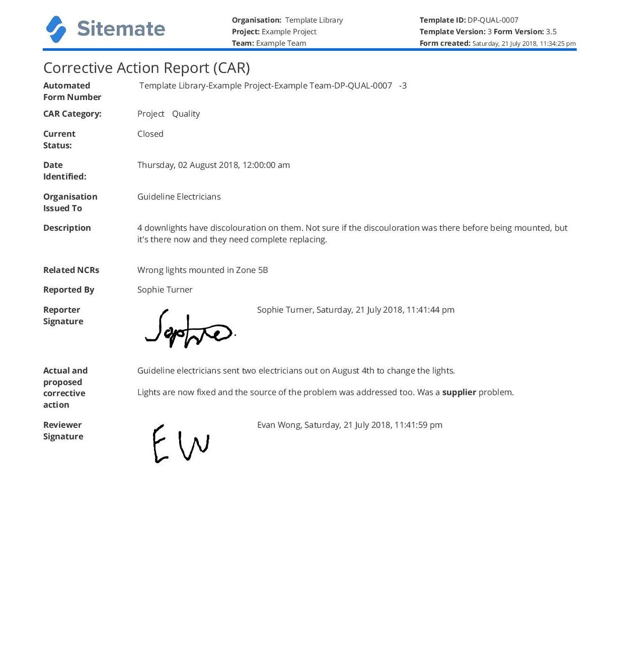 Corrective action report template (CAR)