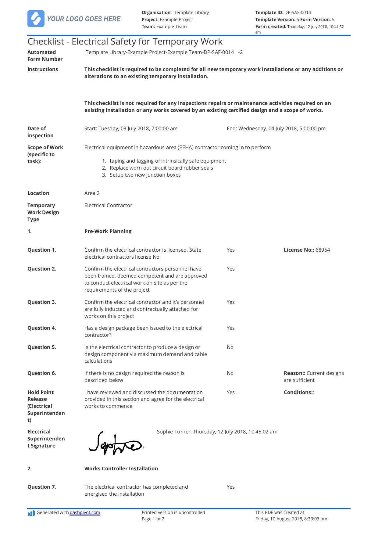 Electrical safety checklist for temporary work template