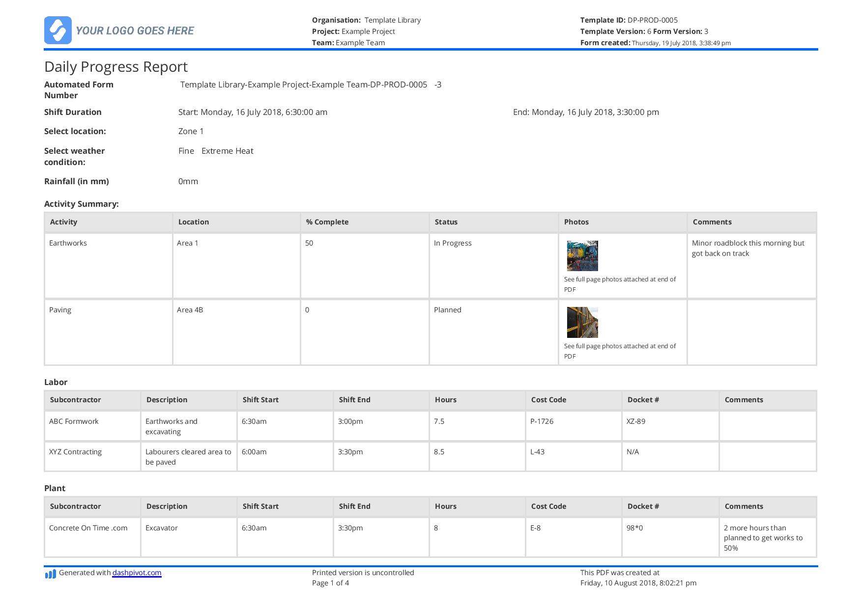 Daily progress report construction template