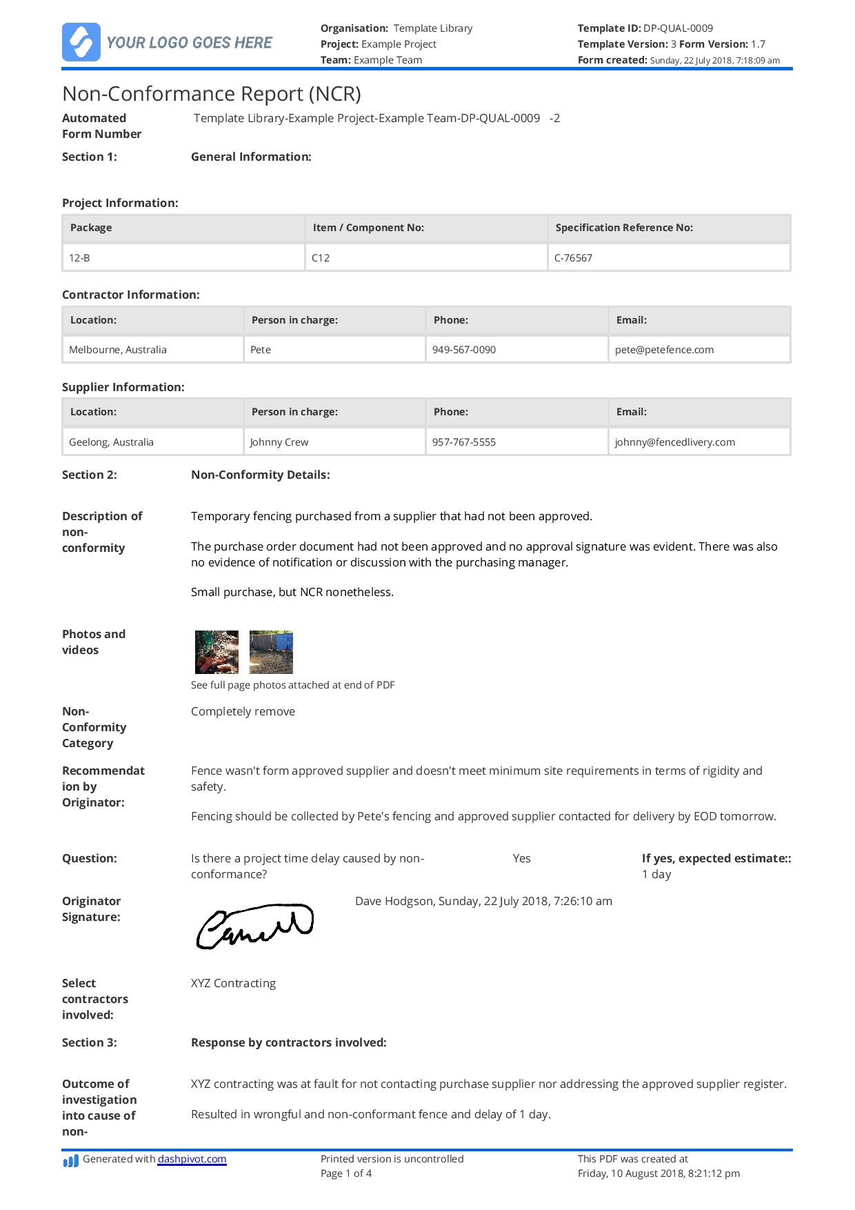 Non Conformance Report template Smarter than Word doc