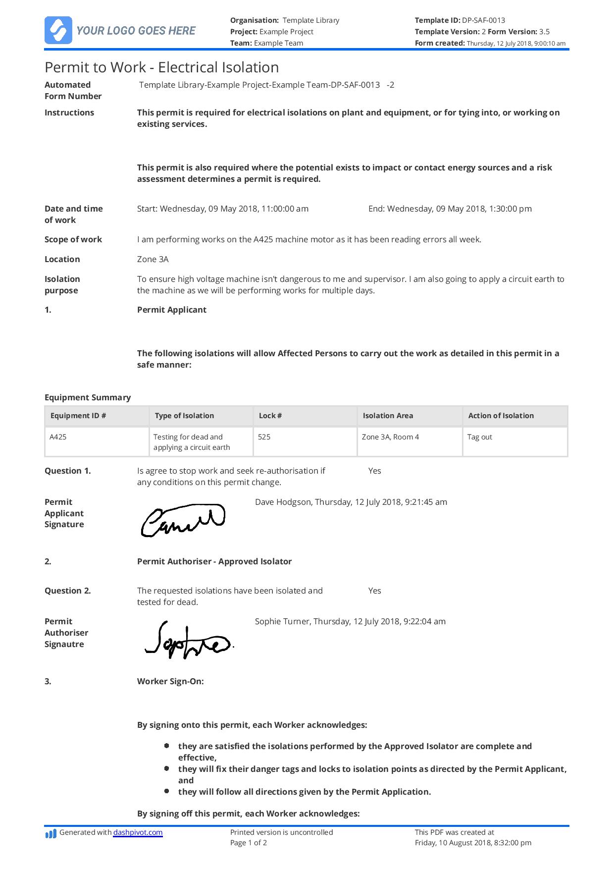 Electrical isolation permit template