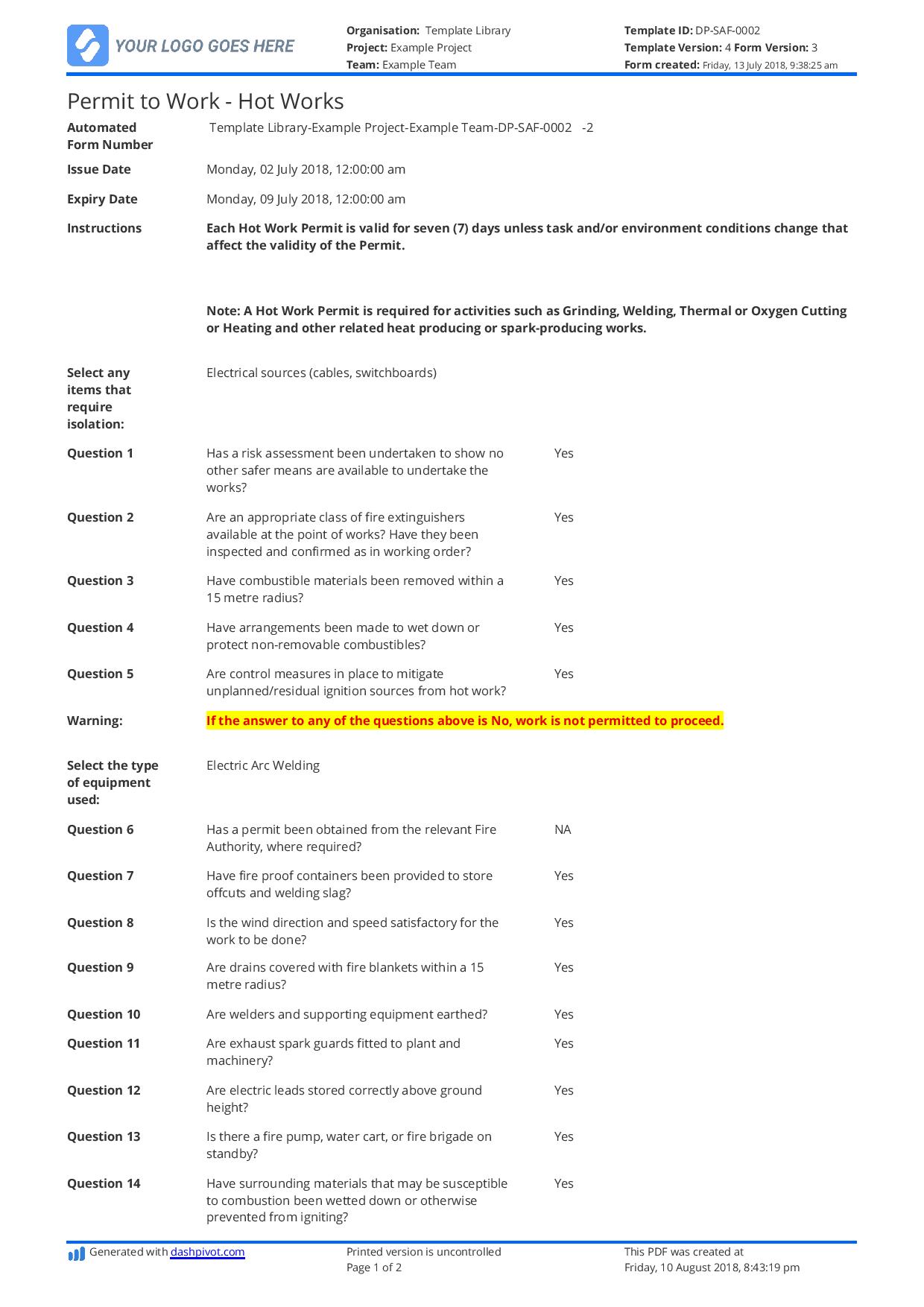 Hot works permit template