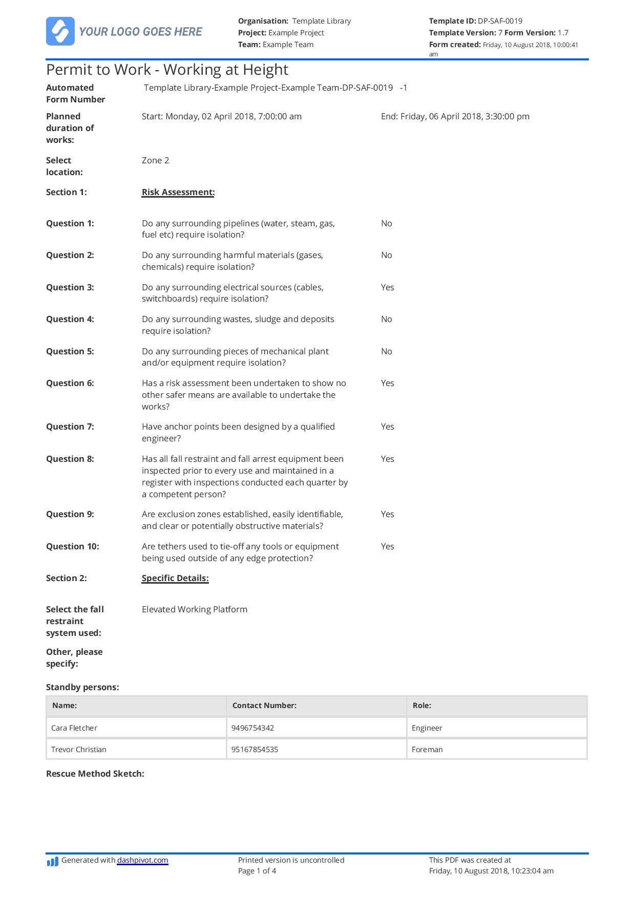 Free Working At Height Risk Assessment Template Uk - Printable Form