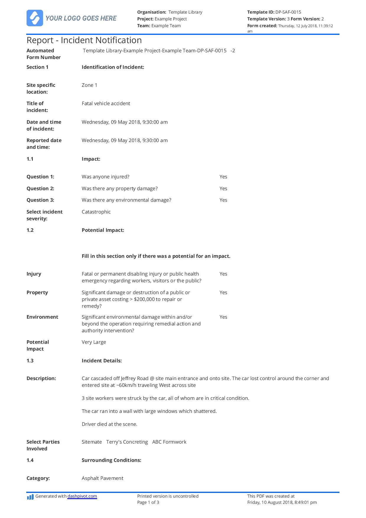 Incident notification form template