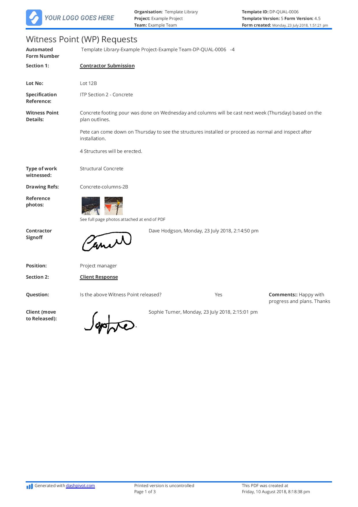 Construction witness point template