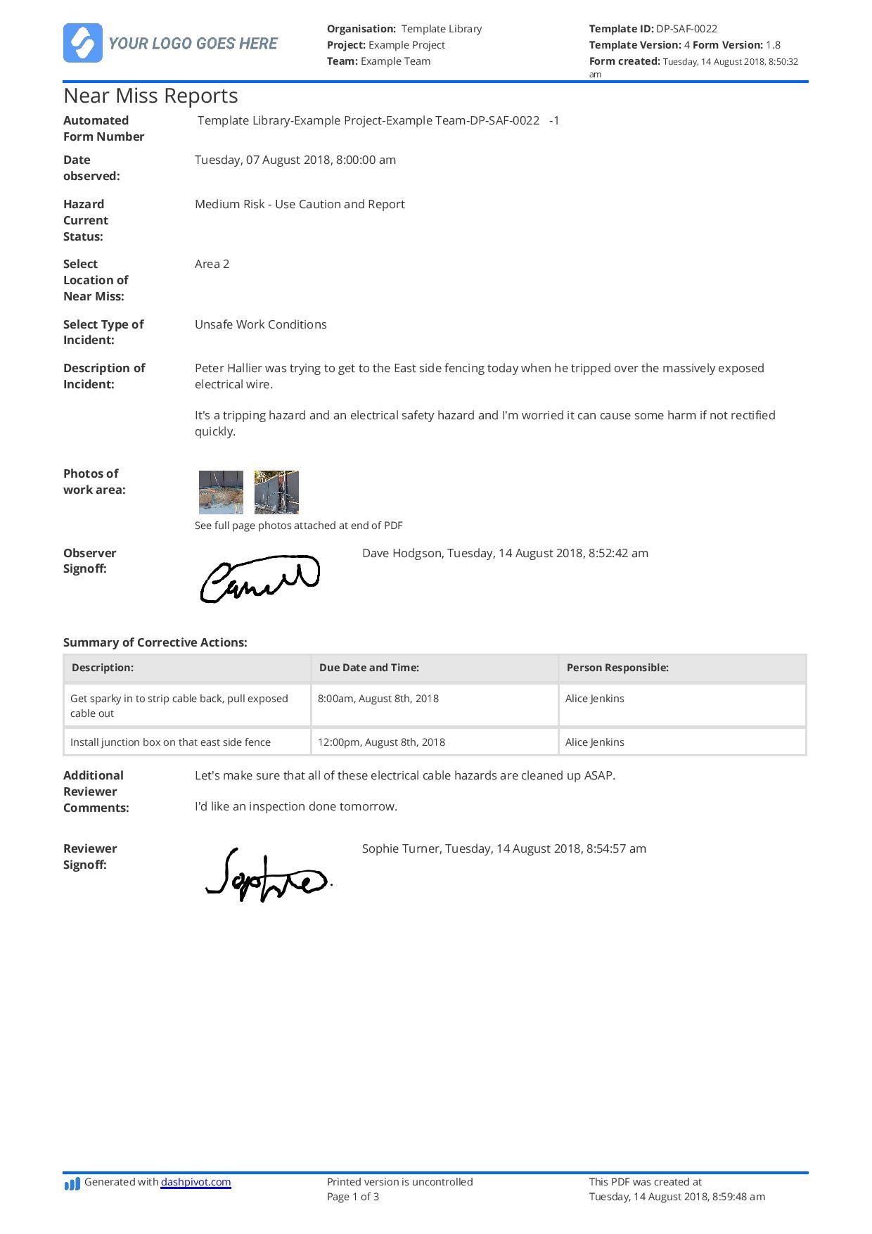 Free Near Miss Reporting template (easily customisable)