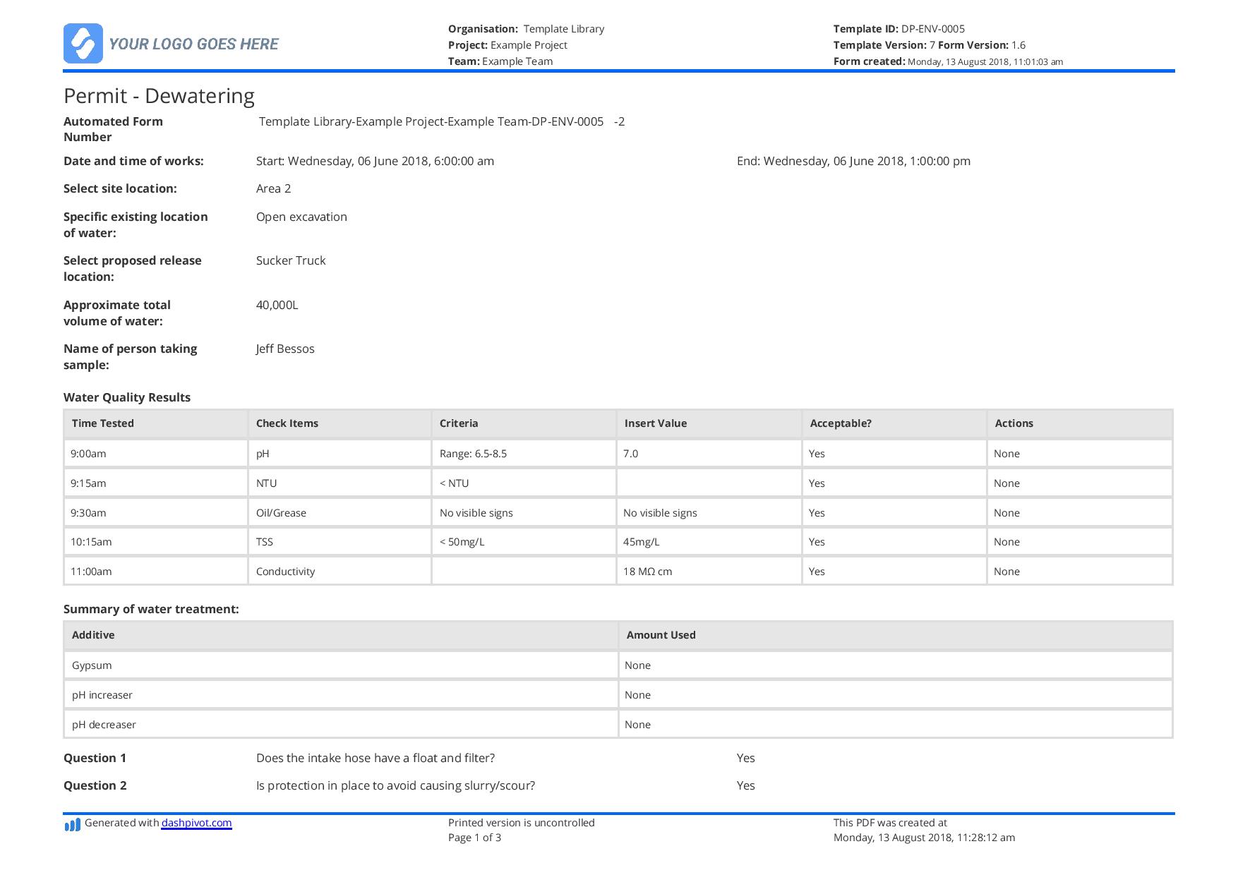 Environmental dewatering permit template