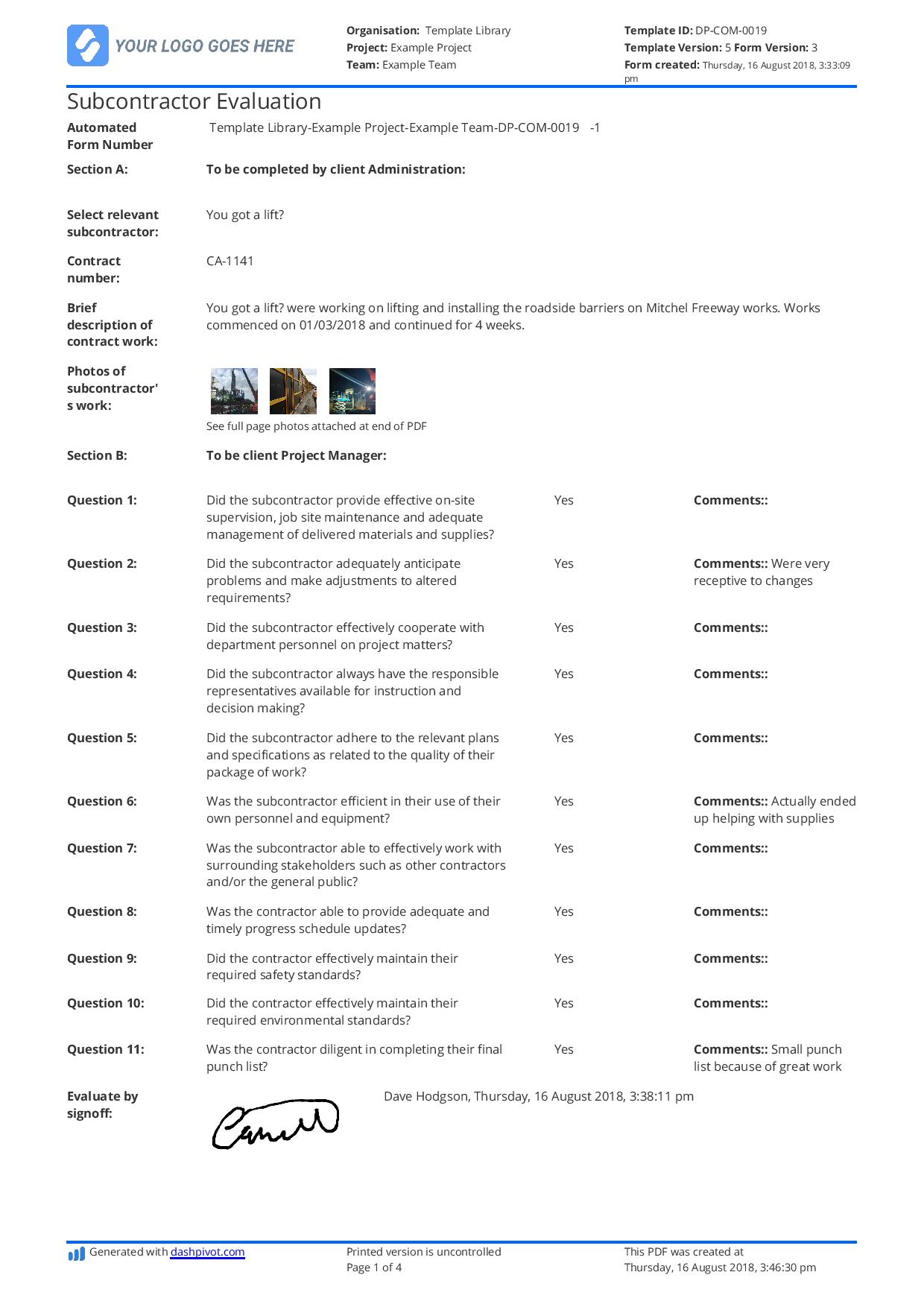 Subcontractor Evaluation Checklist Free And Easily Customisable