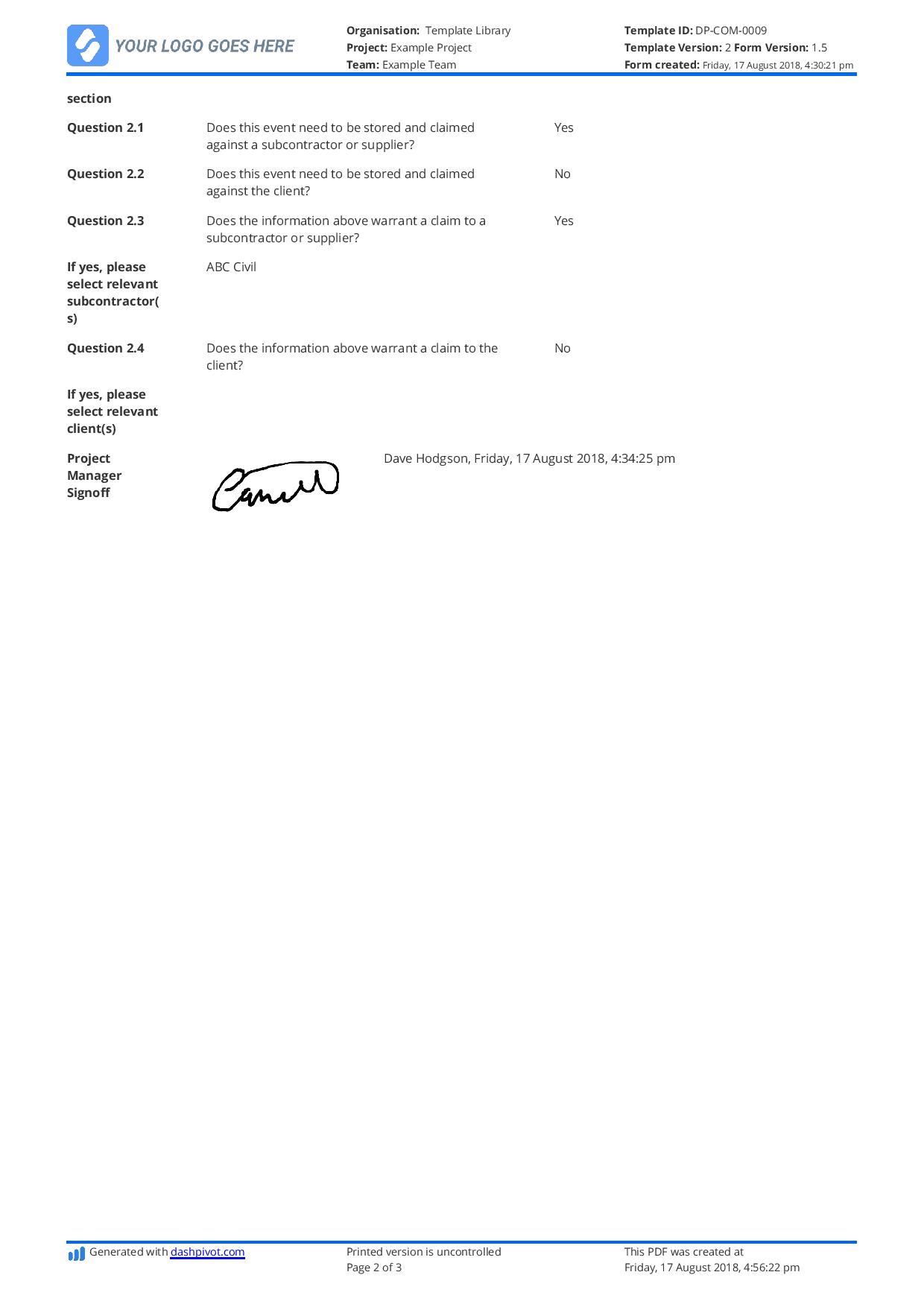 Change Order Template For Construction