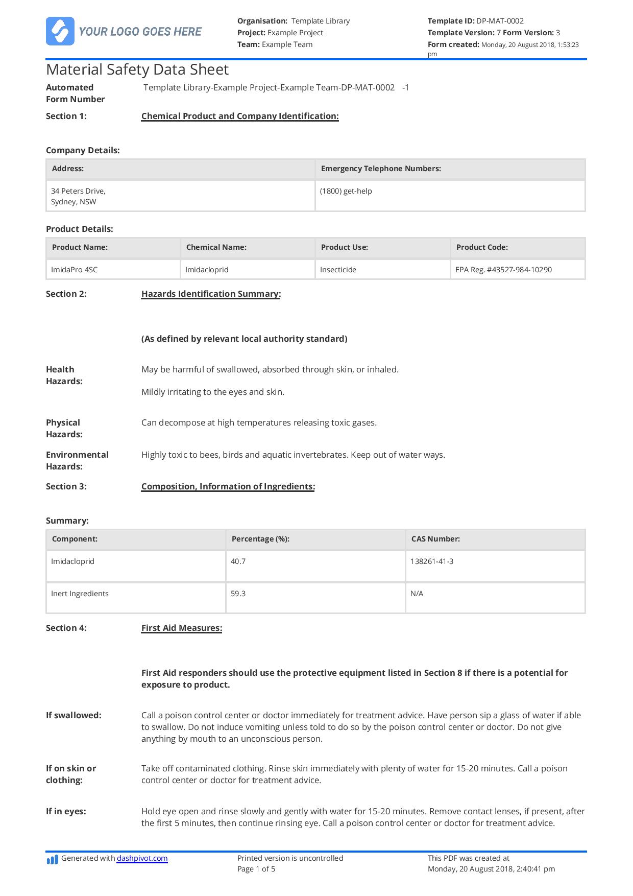 Material Safety Data Sheet Template: Download for free