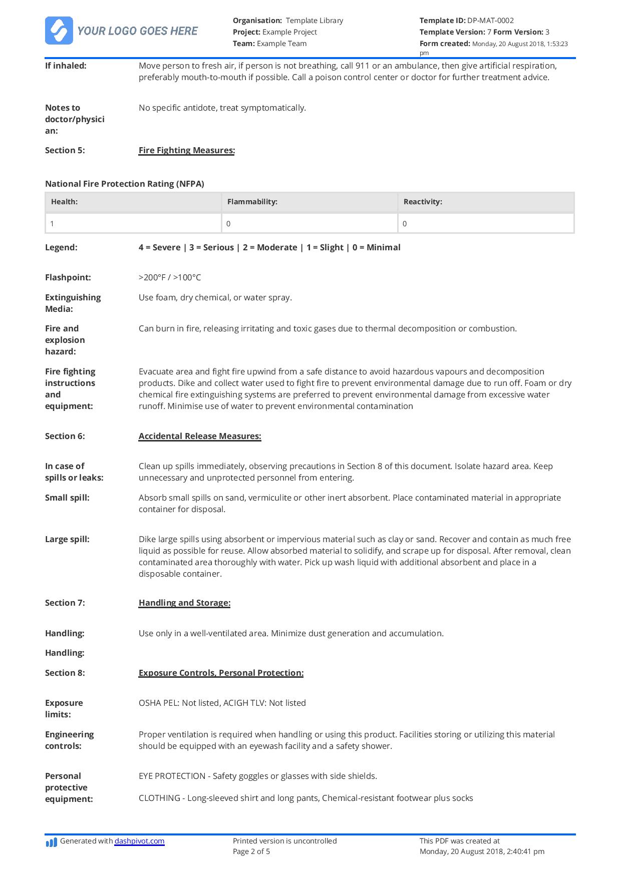 Printable Material Safety Data Sheet Template Printable Templates Free