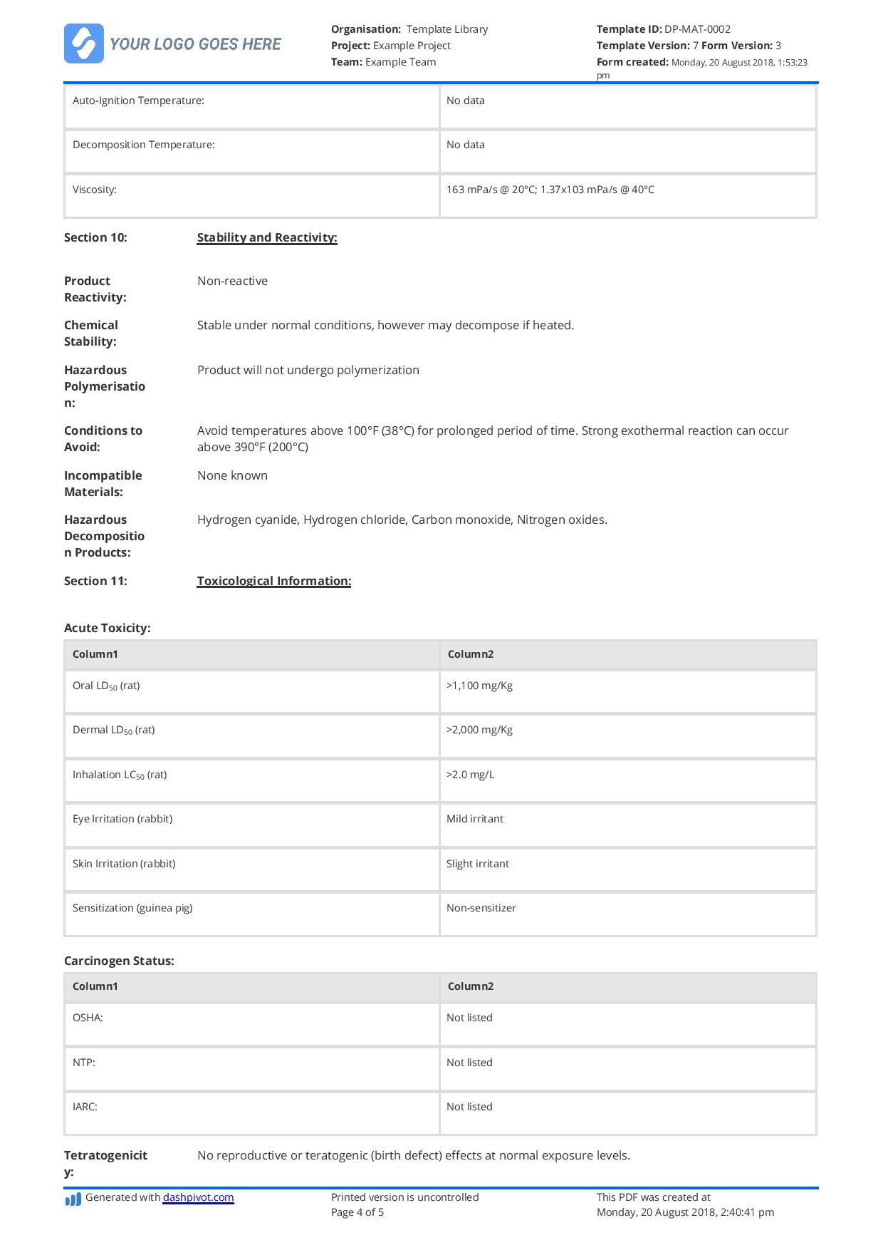 Printable Msds Data Sheets