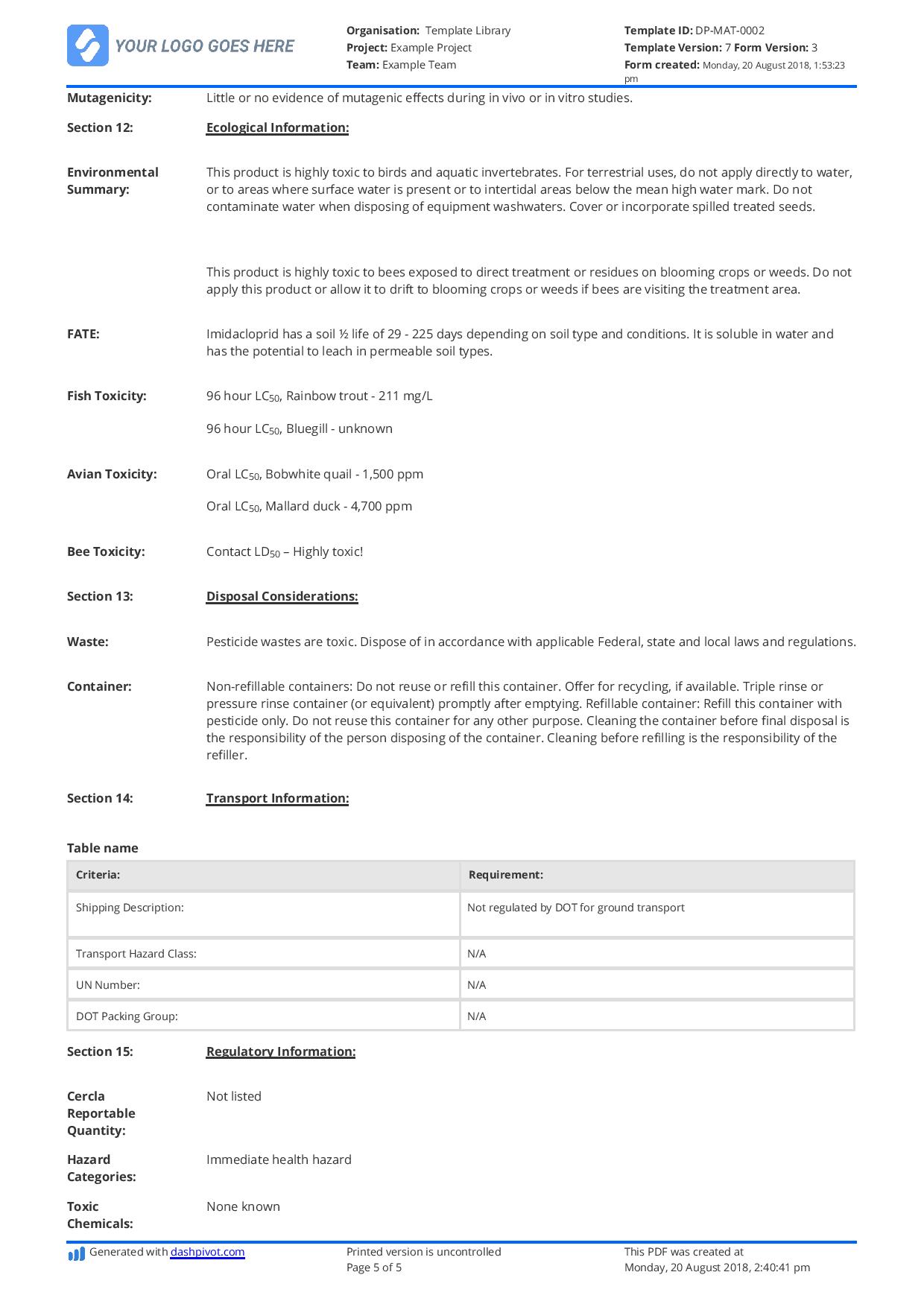 Msds Template Excel