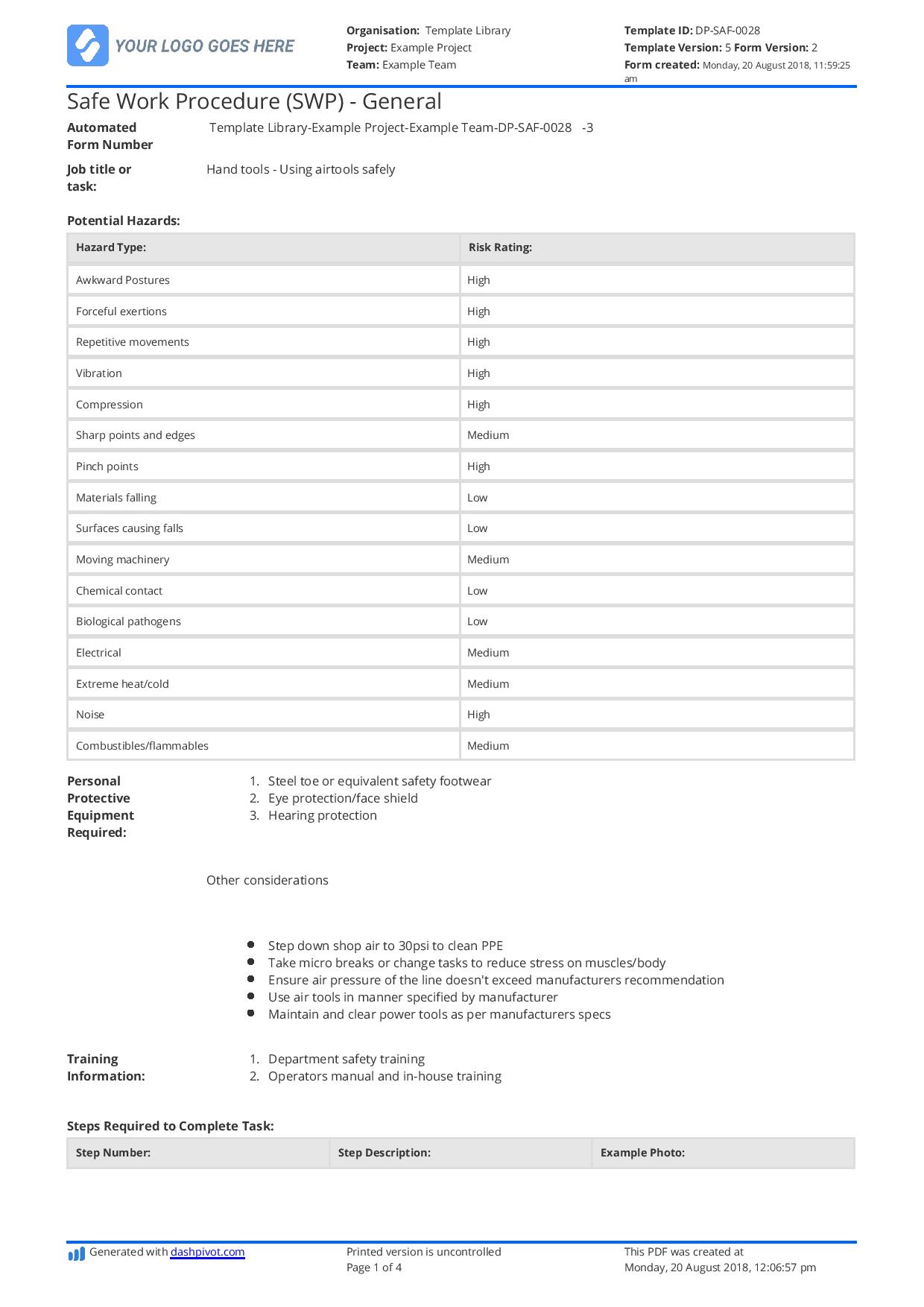 Safe Work Procedure template (SWP template) Use it free here