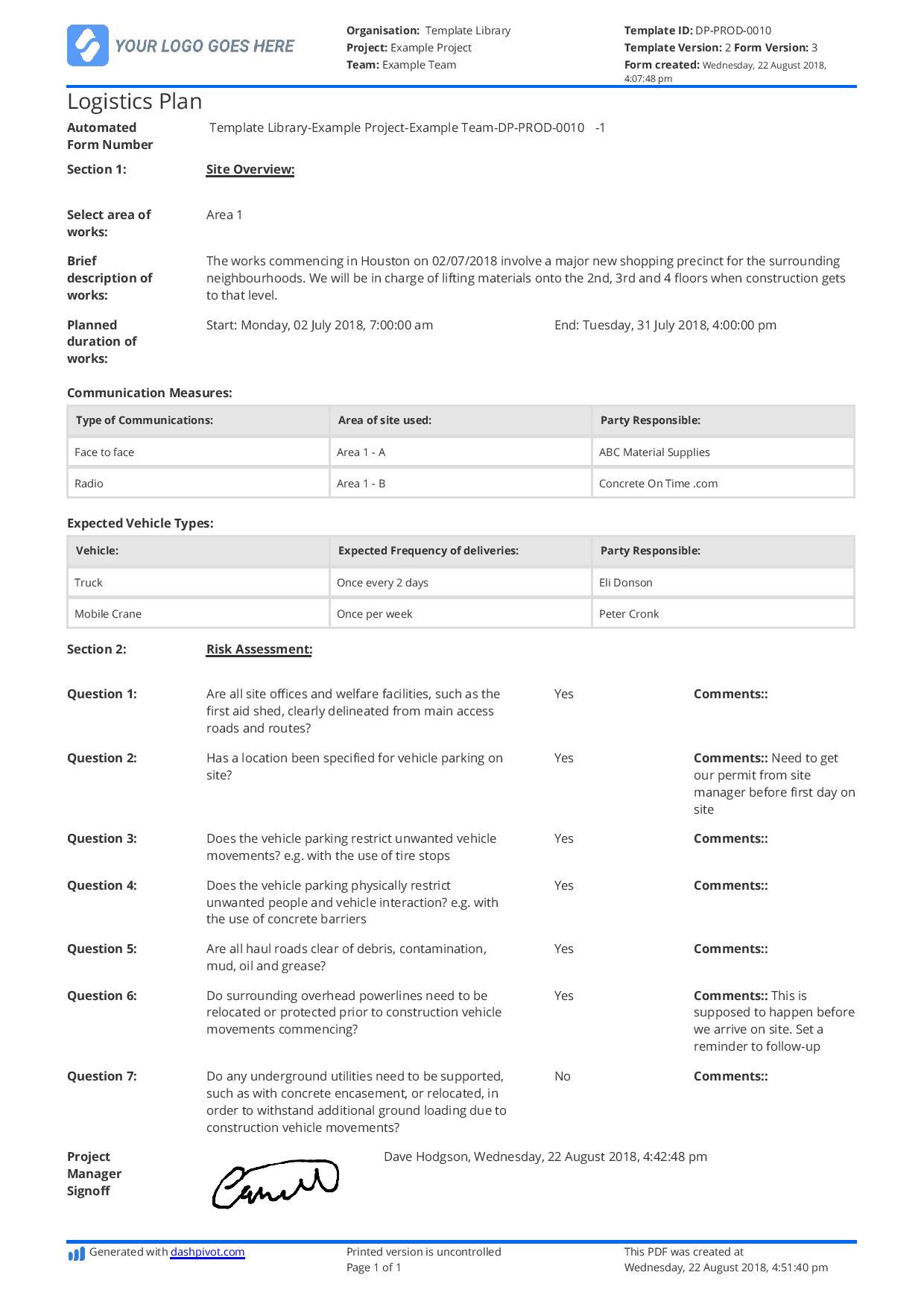 logistics project plan