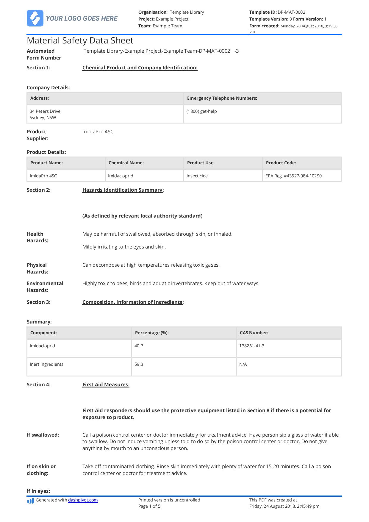 Example of Material Safety Data Sheet (MSDS) Free and customisable