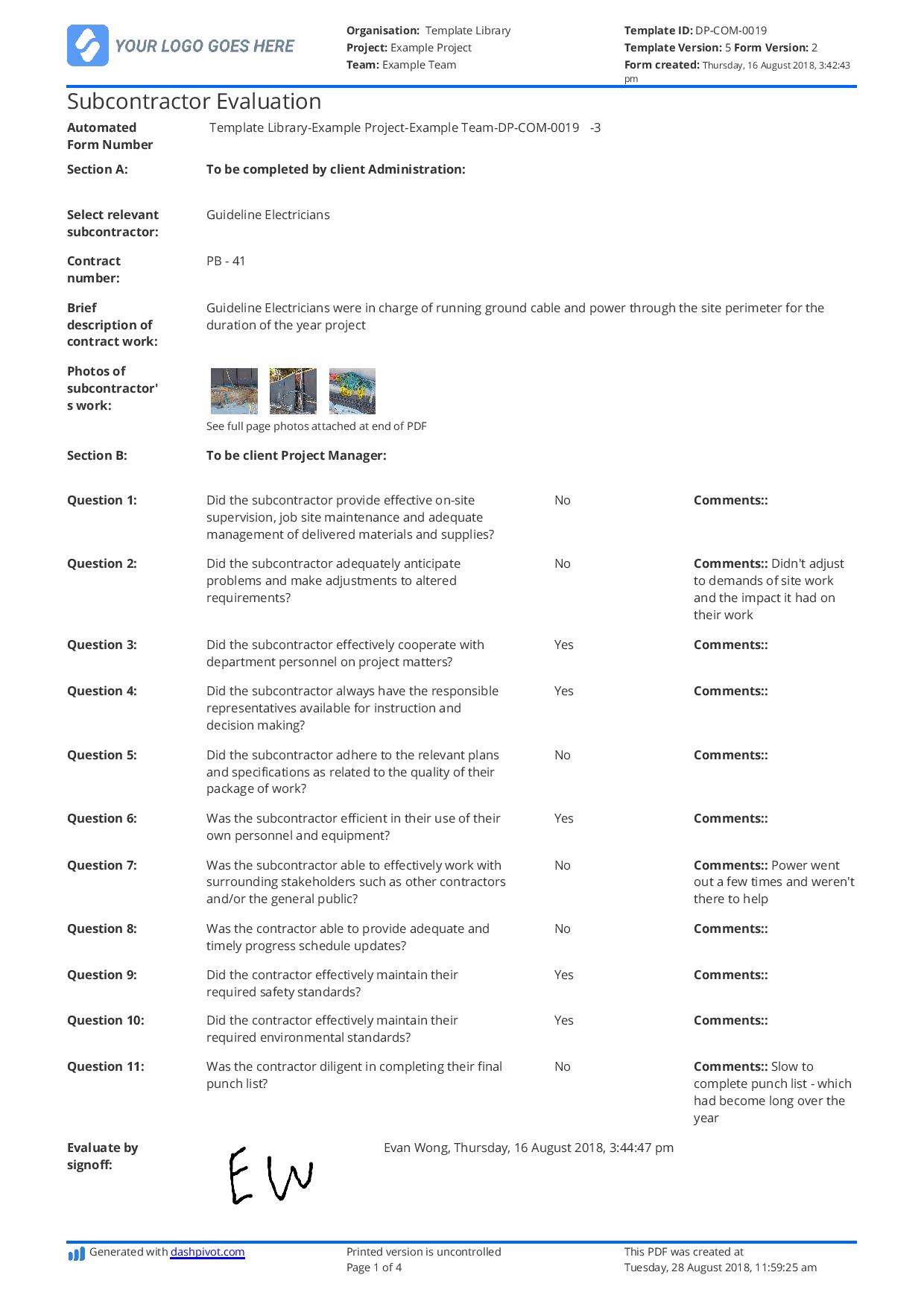 Subcontractor evaluation criteria