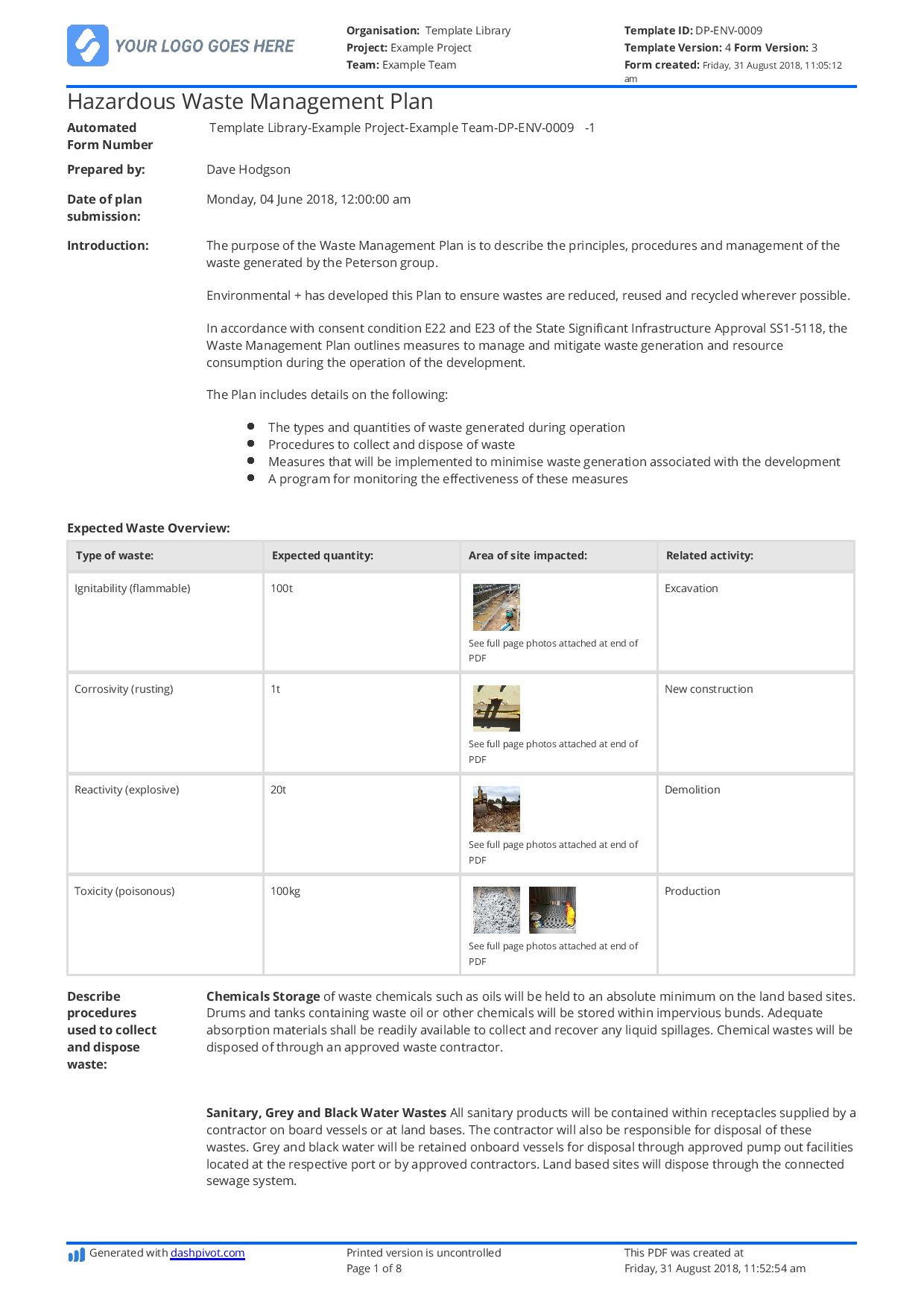 Hazardous Waste Management Plan template - Free and editable Pertaining To Waste Management Report Template