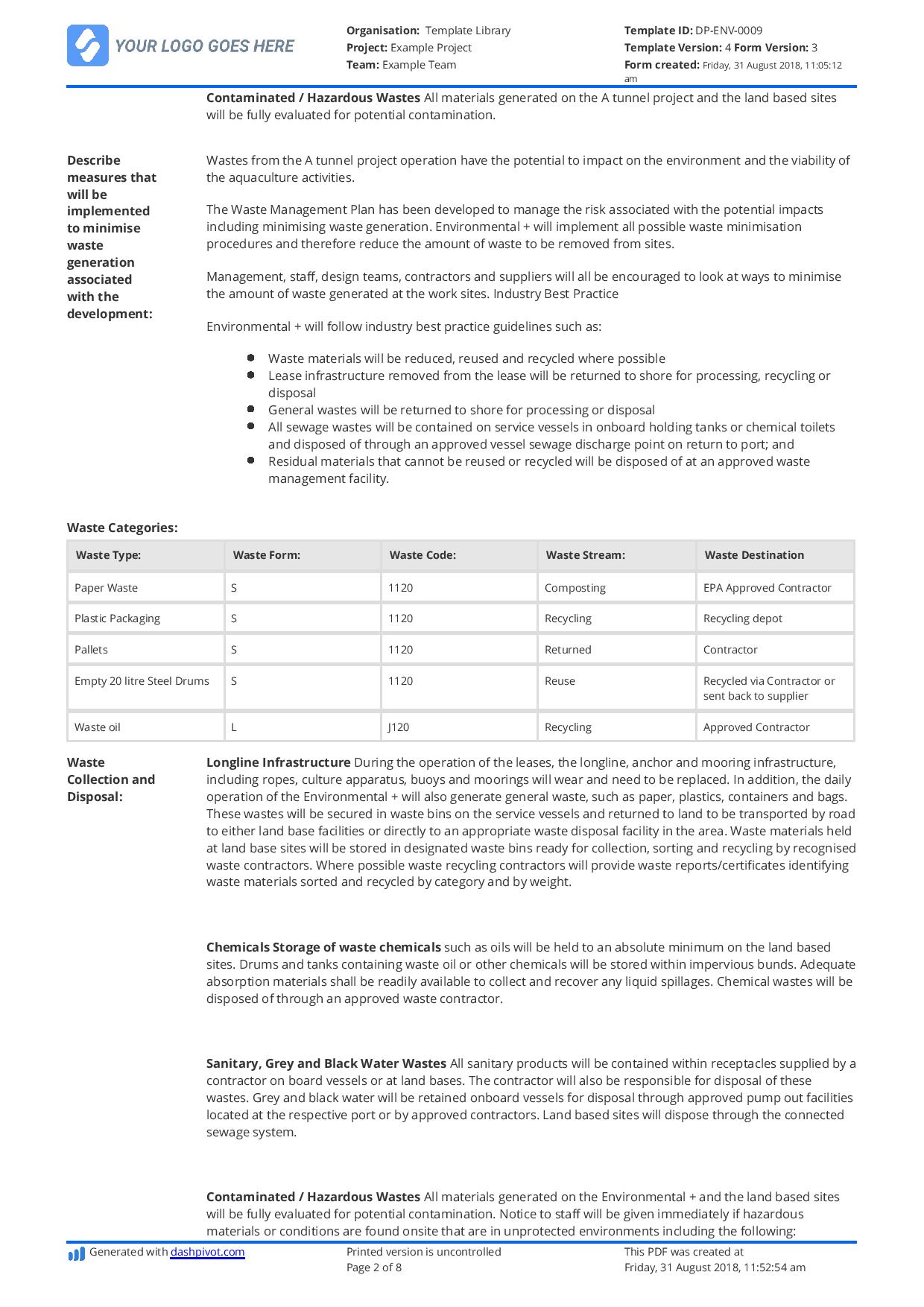 Hazardous Waste Management Plan template - Free and editable Regarding Waste Management Report Template