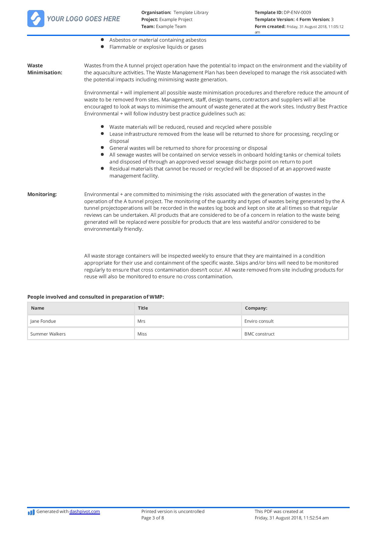 Hazardous Waste Management Plan template - Free and editable Pertaining To Waste Management Report Template