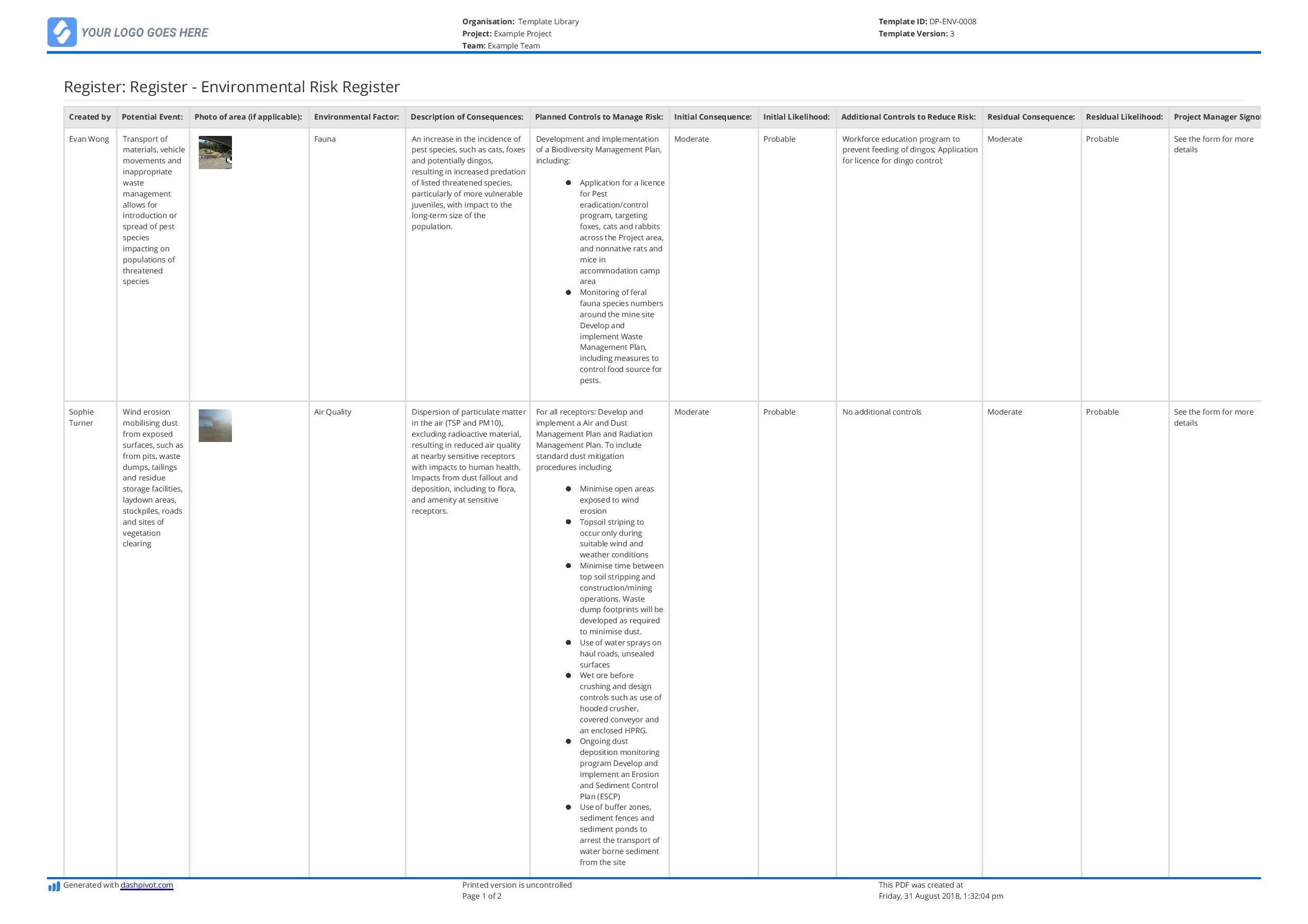 risk log template excel