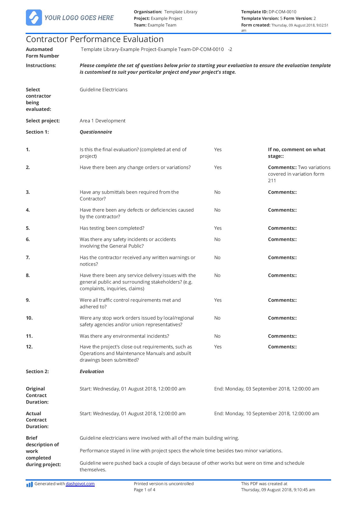 Free Contractor Performance Evaluation Template Easily Editable