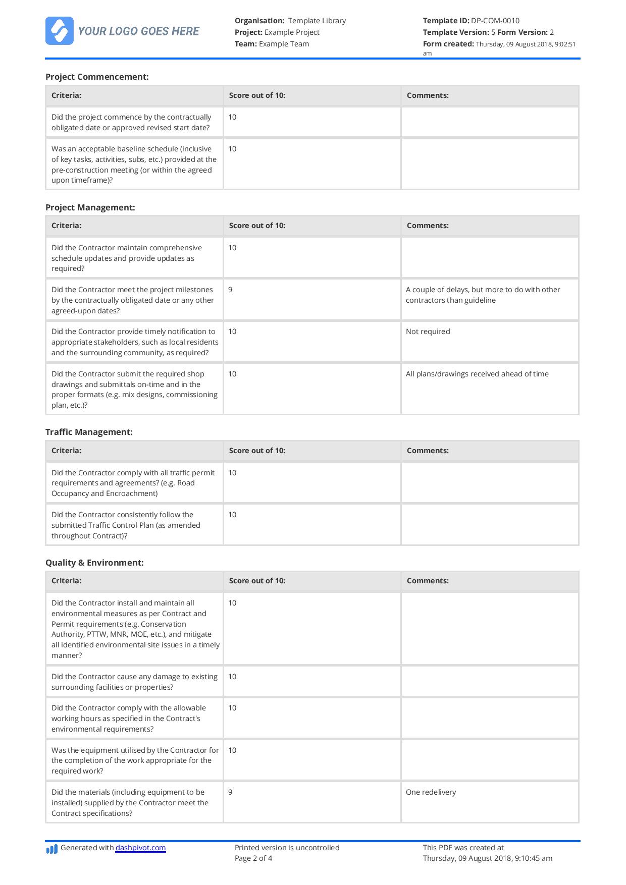 Contractor performance evaluation template