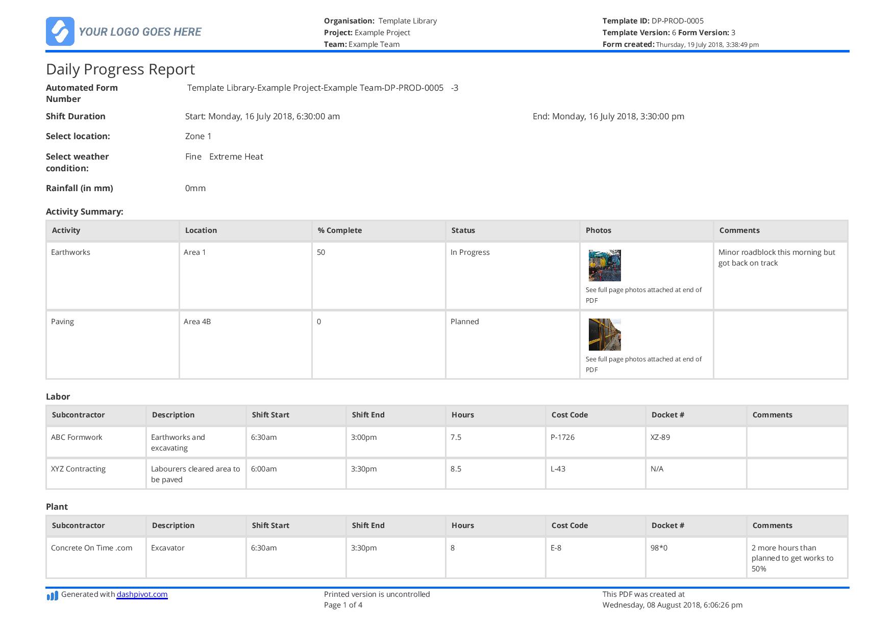 Construction site daily progress report template