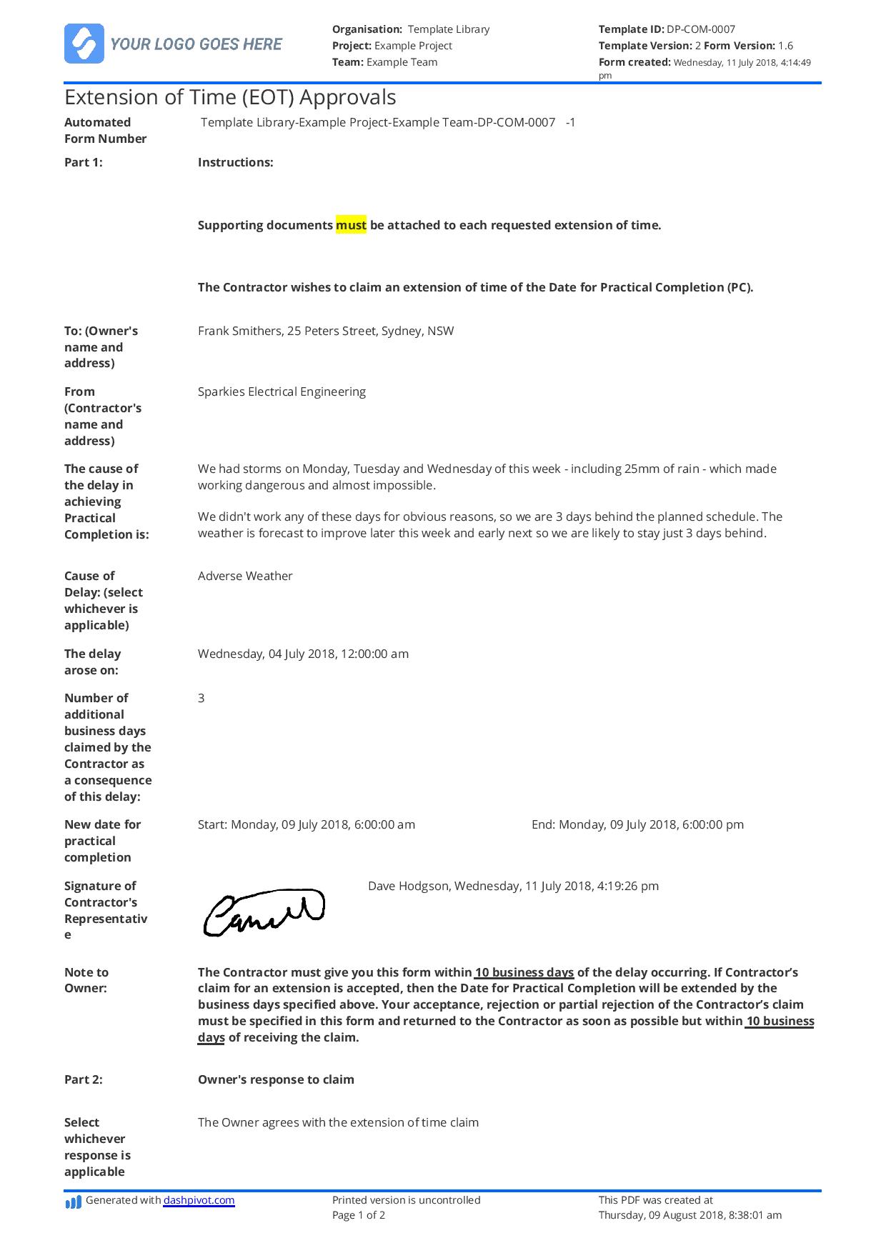 Sample letter of extension of time for construction (EOT letter) In Practical Completion Certificate Template Uk