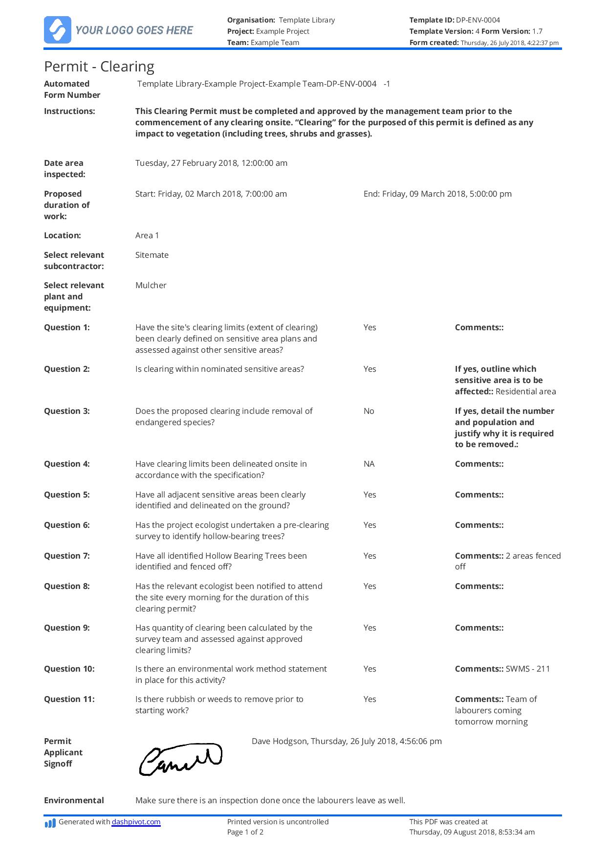 Environmental clearing permit template