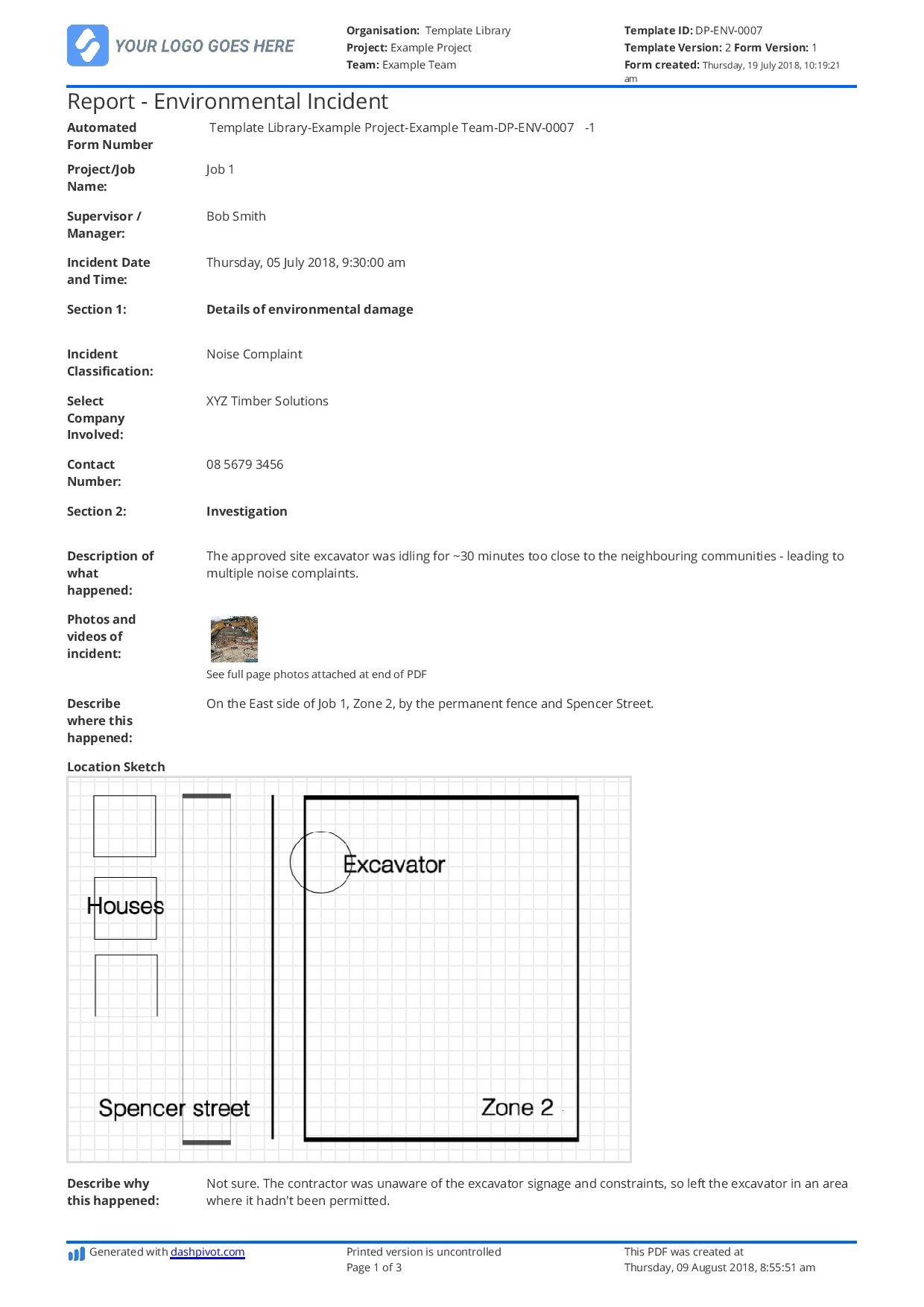 Environmental incident report form template