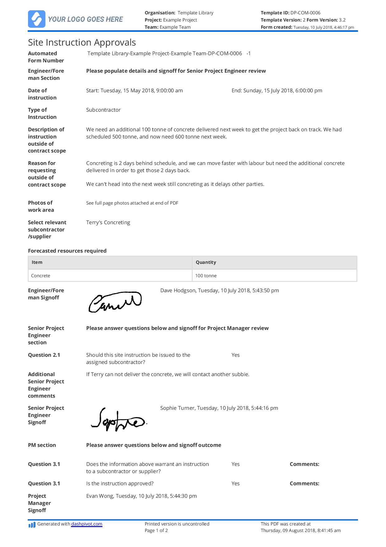 Site instruction template