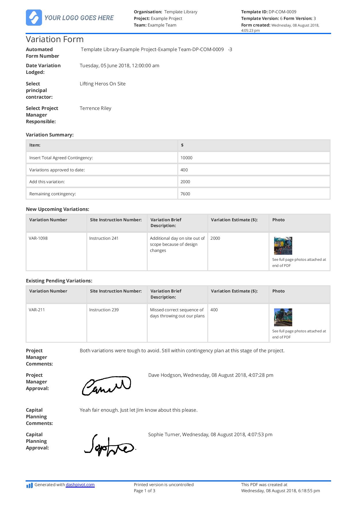 Construction variation form template