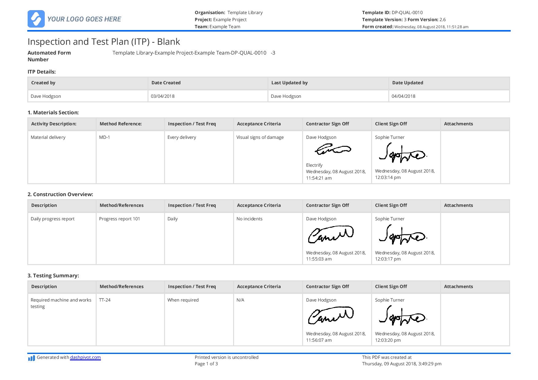 quality control plan template excel