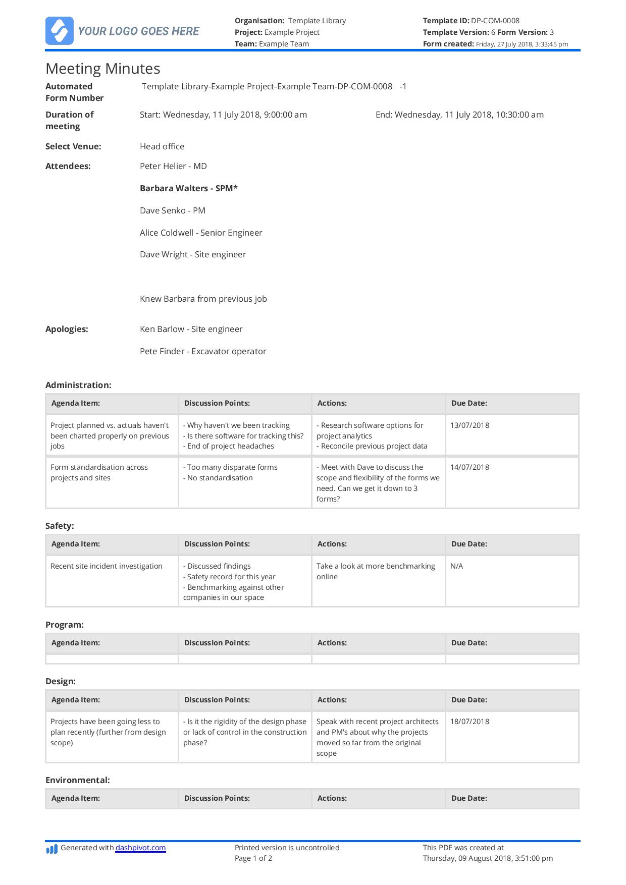 Free Construction Meeting Minutes template (Better than excel and Within Corporate Minutes Template Word